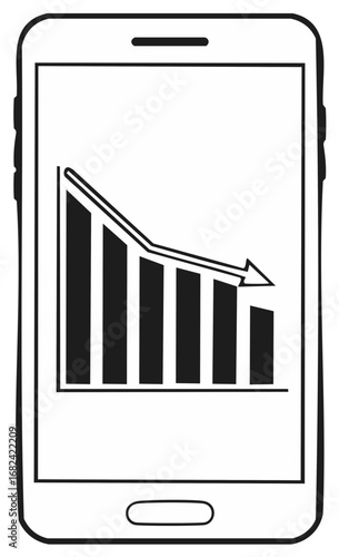 Smartphone displaying a falling bar chart icon, economic recession or financial crisis illustration