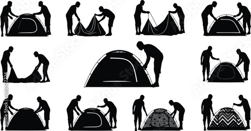 Silhouettes of people setting up camping tent, outdoor adventure, teamwork, hiking, survival gear, summer travel, camping equipment, vector illustration