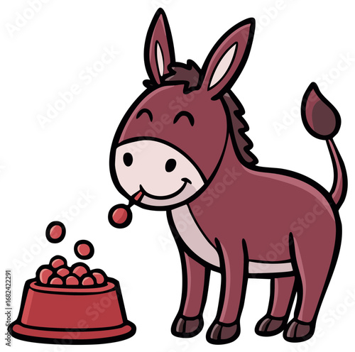 Whimsical Cartoon Donkey with Bowl of Round Fruit Smiling Happily