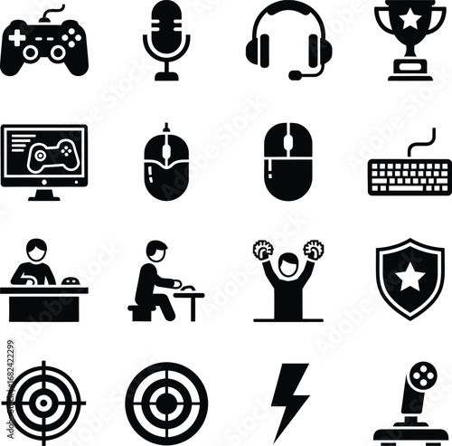 Collection of gaming icons representing different aspects of video games