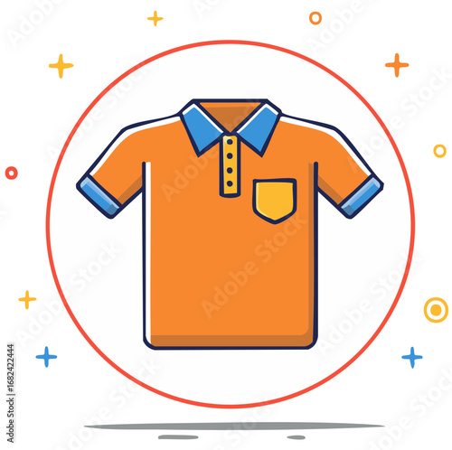Orange polo shirt with blue collar and pocket icon inside a red circle illustration