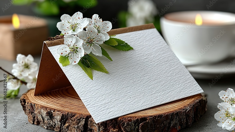 Fototapeta premium Blank card on wood slice with white flowers and candles in background.