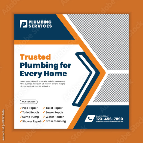 Professional Plumbing Services Square Flyer and Social Media Web Banner Template for Faucet Installation and Bathroom Maintenance