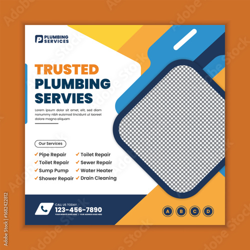 Professional Plumbing Services Square Flyer and Social Media Web Banner Template for Faucet Installation and Bathroom Maintenance