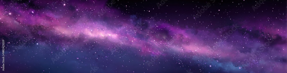 Naklejka premium Futuristic purple and blue galaxy with glowing stars and nebula clouds, creating an ethereal cosmic landscape perfect for sci-fi art, space exploration, and dreamy universe concepts. 