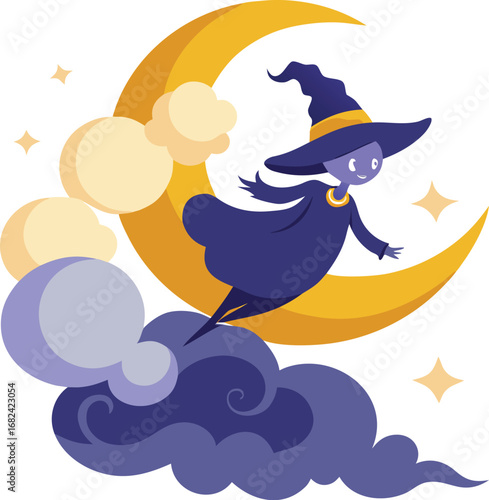 Witch flying above clouds crescent moon