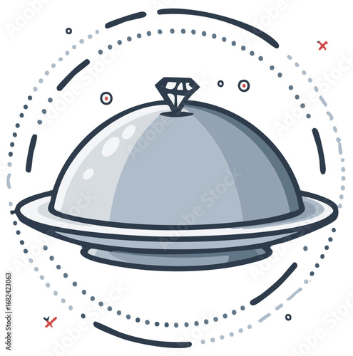 Elegant cartoon icon of a silver food cloche with a diamond handle for fine dining service