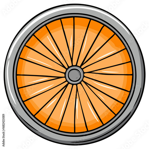Cartoon illustration of an orange bicycle wheel with silver rim and spokes, isolated.