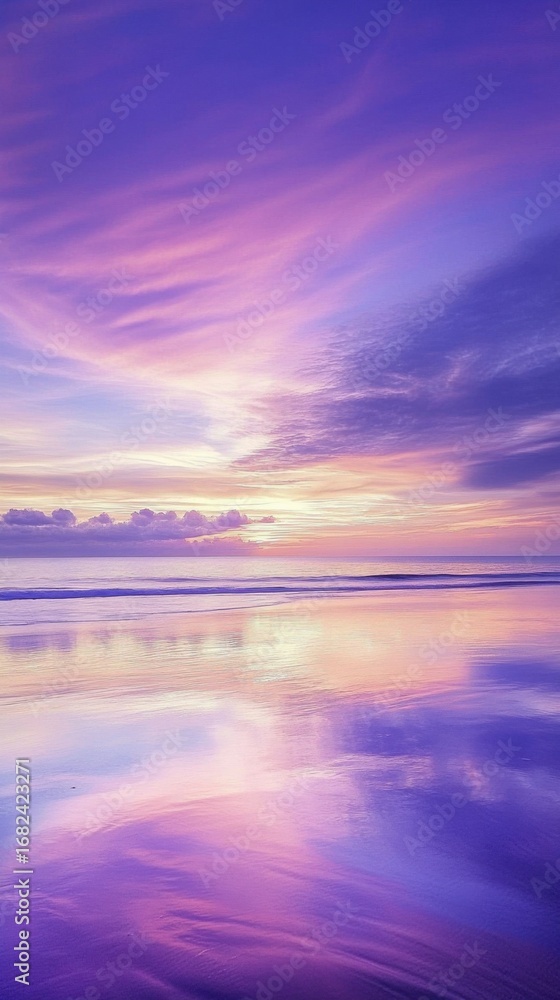 Obraz premium Serene beach sunset with vibrant purple and pink sky reflecting on calm ocean waves, creating a peaceful tropical seascape perfect for relaxation, nature beauty, and tranquil coastal landscape concept