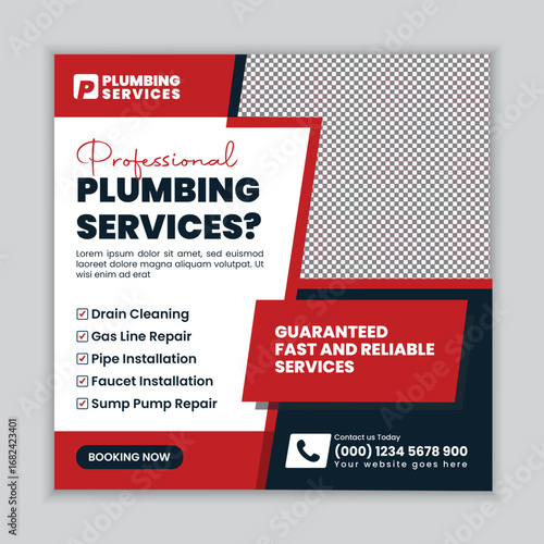 Professional Plumbing Services Square Flyer and Social Media Web Banner Template for Faucet Installation and Bathroom Maintenance