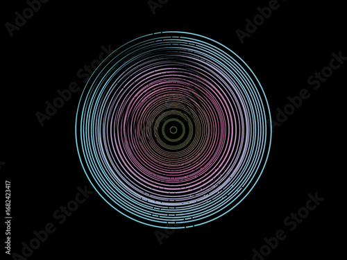 Vector background of rotating elliptical 3D shapes, consisting of a pattern of squares and wavy lines with colorful gradations.	