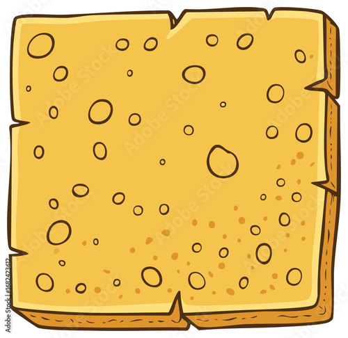 Cartoon cheese slice illustration with holes and textured surface, vector