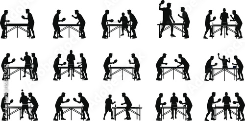 Table tennis silhouettes, ping pong players in action, competitive sport, paddle game, black vector illustration, match, exercise, training, lifestyle, activity