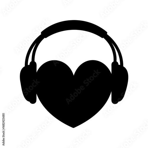 Monochrome vector illustration of a heart shape wearing a pair of headphones
