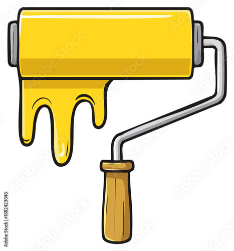 Paint roller with dripping yellow paint for home renovation or repair project