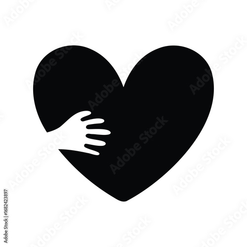 A black heart is being embraced by a white hand silhouette