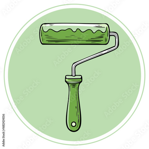 Hand drawn illustration of a green paint roller with fresh paint