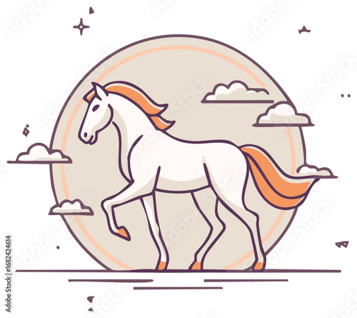Elegant white horse line art illustration prancing in mystical circle with clouds and stars