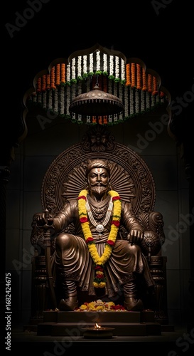 Majestic statue of warrior king Chhatrapati Shivaji Maharaj on a throne, adorned with flower garlands and lit lamp.