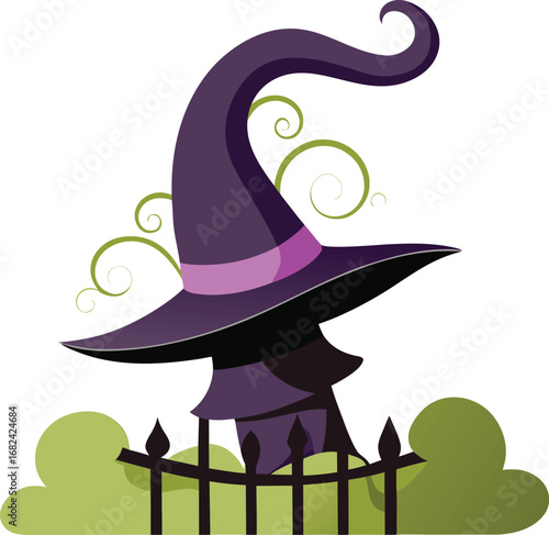Witch hat on crooked fence with smoke swirl