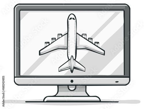 Online flight booking concept with an airplane illustration on a desktop computer screen