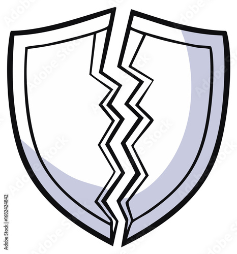 A simple graphic illustration of a broken shield with a jagged crack symbolizing defeat and vulnerability.