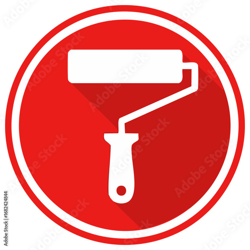 Red circular icon with a white paint roller for renovation and painting