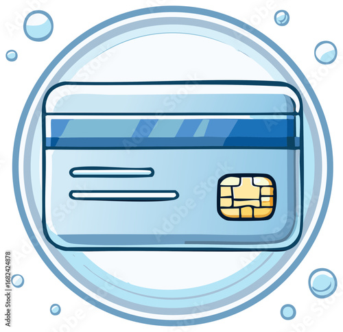 Cartoon credit card inside a protective bubble for financial security and clean money concepts