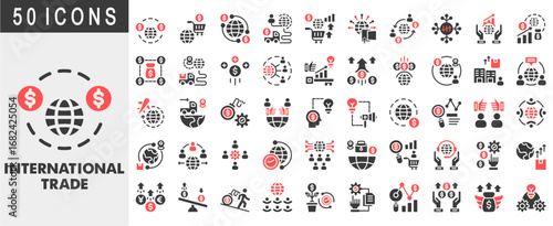 International Trade Icon Set Collection. Covers Global Exchange, International E Commerce, World Trade, Cross Border, Global Market. Simple Vector Glyph Red Illustration.