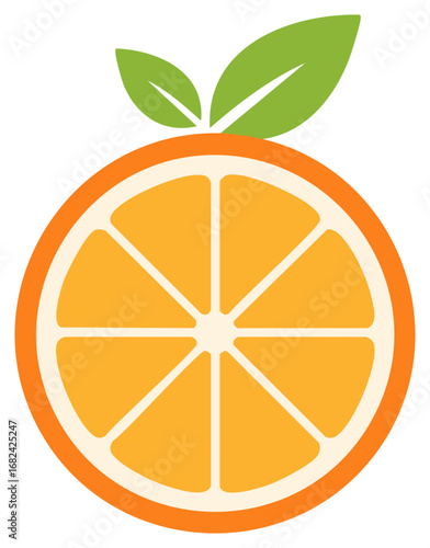 Vibrant orange slice with green leaves in a stylized flat design representing freshness and citrus