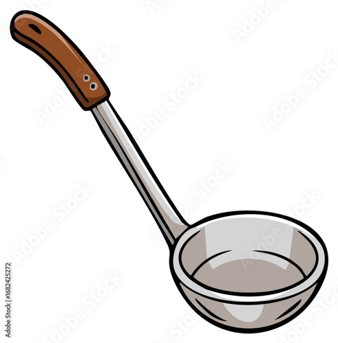 An illustrated metal soup ladle with a brown handle kitchen tool for cooking and serving food