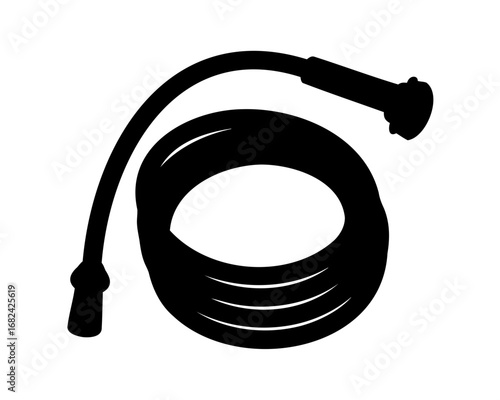 Silhouette of coiled garden hose with nozzle and end connector on white