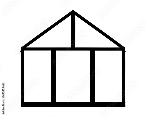 Simple black and white illustration of a house with a triangular roof