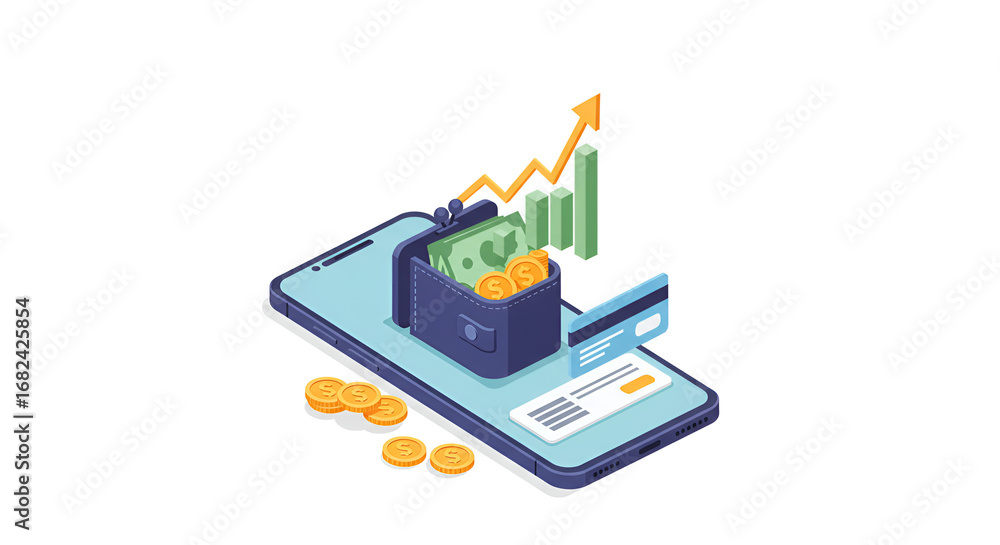 Obraz premium Digital Finance Investment Concept Illustration with Smartphone Wallet and Growing Graph