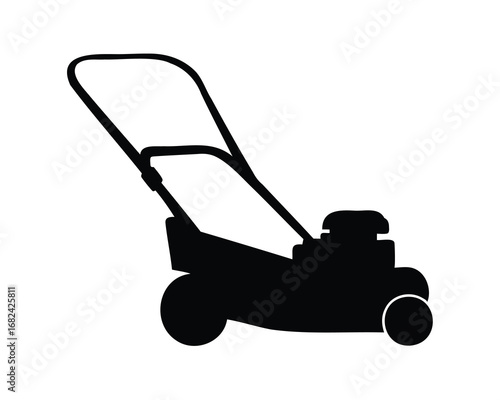 A simple black silhouette of a lawn mower on white background