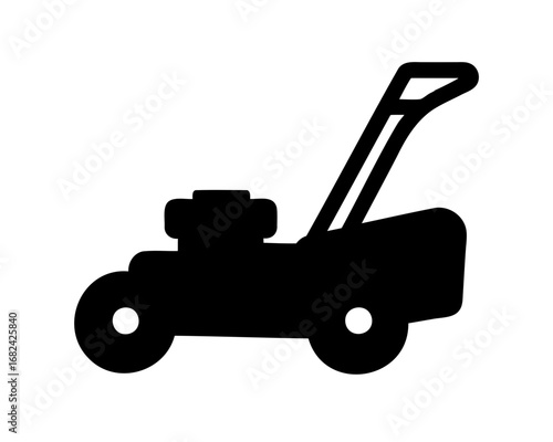 Simple black silhouette of a lawn mower over a white background