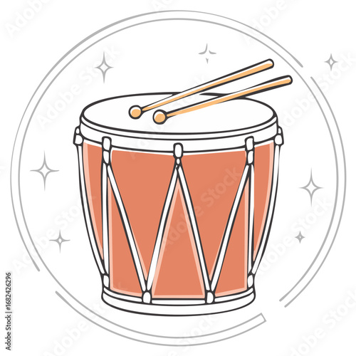 Stylized red snare drum with drumsticks vector illustration icon with festive sparkling frame