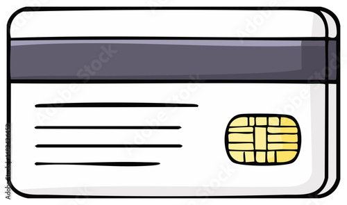 Cartoon illustration of the back of a generic credit card with chip and magnetic stripe.