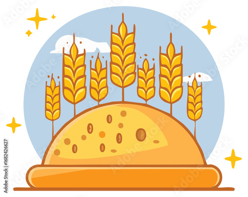 Cartoon Bread Hill with Wheat Stalks and Starry Sky in a Cute and Bright Style Vector Illustration