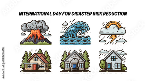 Building community resilience concept for International Day for Disaster Risk Reduction. Visuals of various disasters threatening homes, illustrating the need for global preparedness and mitigation on