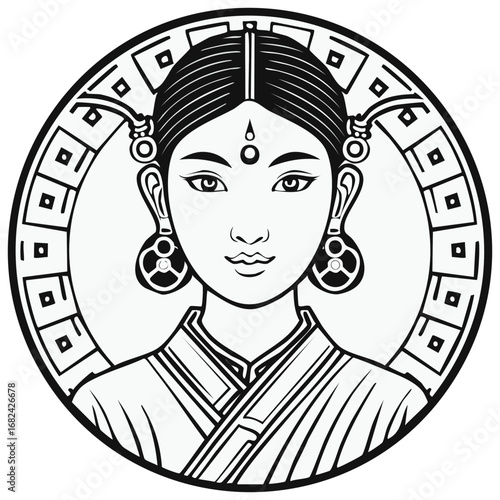 Traditional Asian Woman Portrait in Circular Frame with Geometric Border