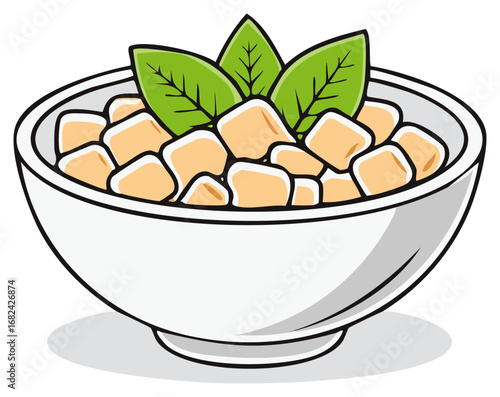 Cartoon vector illustration of a healthy tofu or paneer bowl with fresh basil garnish