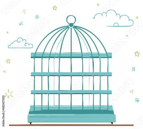 Whimsical hand-drawn illustration of an empty teal birdcage with clouds and flowers