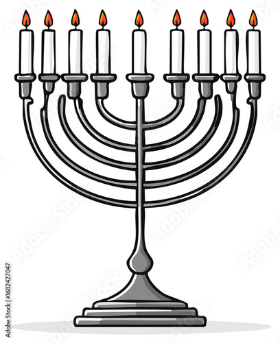 Cartoon illustration of a silver Hanukkah menorah with all nine candles lit
