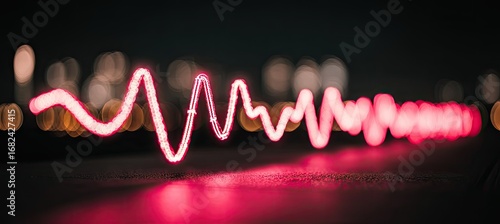 A dynamic, pink light trail forms a wavy pattern against a dark backdrop of out-of-focus city lights, evoking a sense of energy and movement.