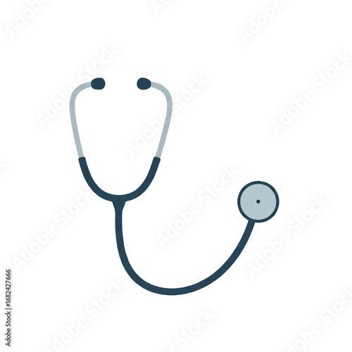 A minimalist 2D flat vector illustration of a medical stethoscope with clean lines and solid colors, presented in a modern graphic style and isolated on a pristine white background.