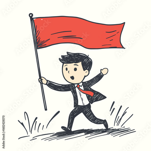 Businessman holding red flag running and crossing finish line in first place vector illustration doodle hand drawn with black lines isolated on white background