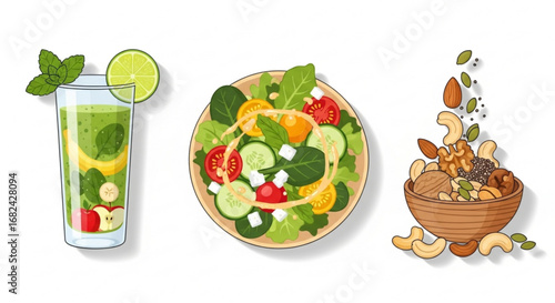 Healthy eating concept smoothie salad and nuts for diet and nutrition vector illustration design art