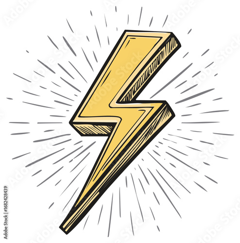 Energetic Hand Drawn Yellow Lightning Bolt Illustration with Radiating Power Lines