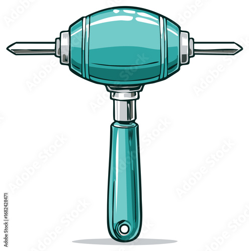 Vintage hand drill tool illustration with crank mechanism for woodworking or metalworking crafts in teal color